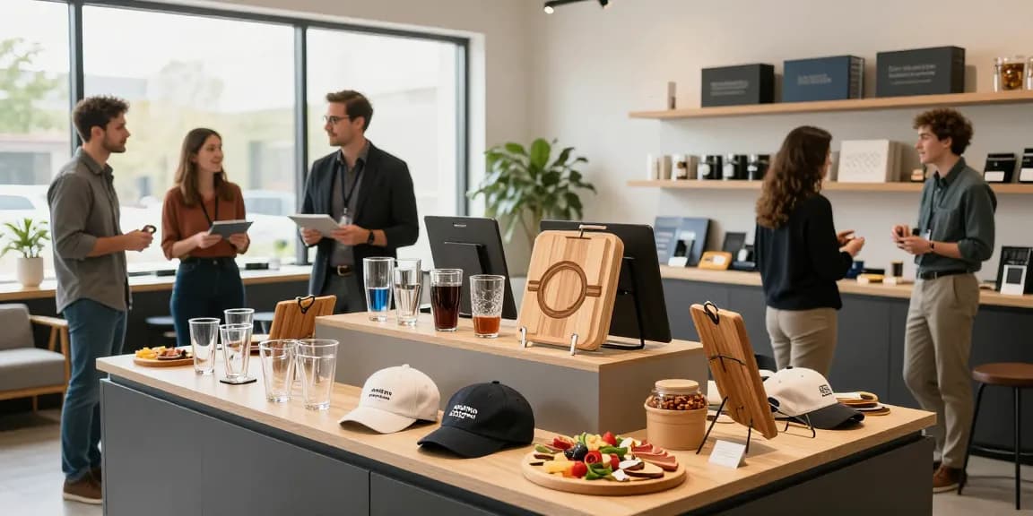 Corporate gifts displayed in a modern showroom with promotional products like drinkware and caps, showcasing options for businesses.