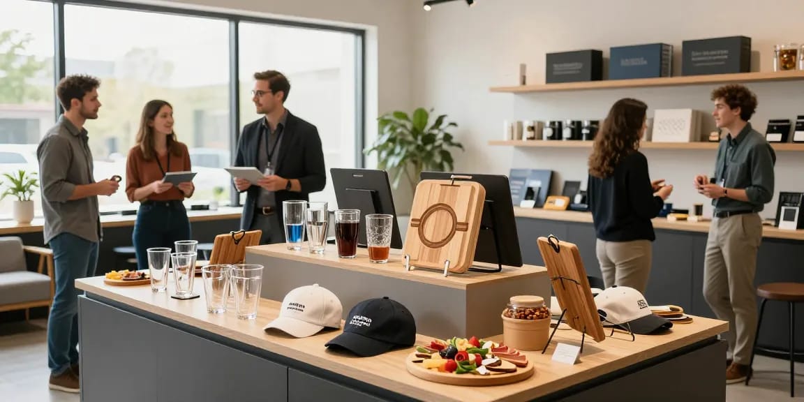 Corporate gifts displayed in a modern showroom with promotional products like drinkware and caps, showcasing options for businesses.
