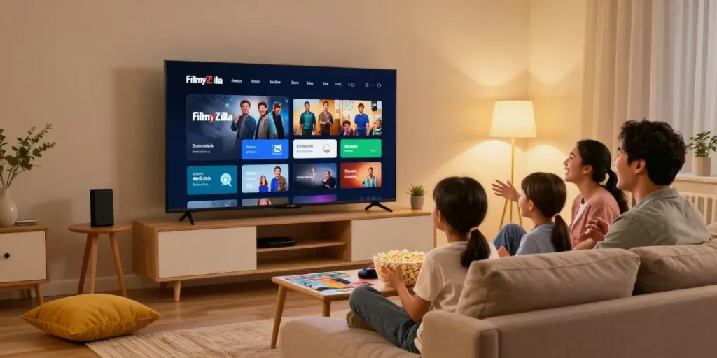 Family enjoying a movie night using FilmyZilla app on smart TV in a cozy living room.