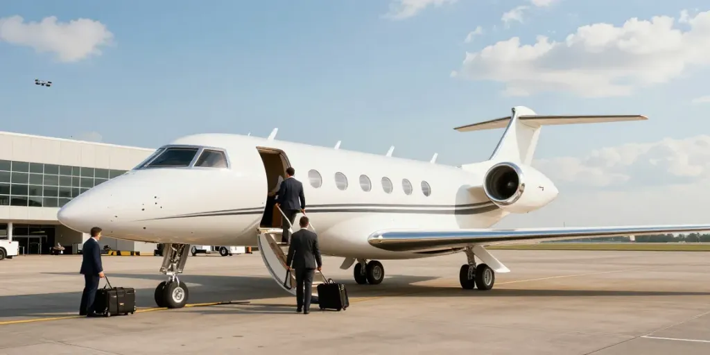 Elevated view of luxury private jet at Ontario International Airport during boarding, emphasizing executive charter flights Ontario.