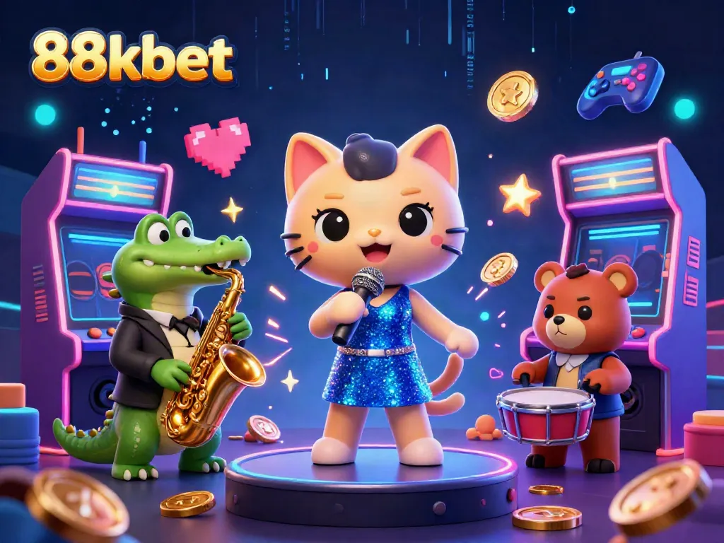 Experience vibrant casino excitement with 88kbet's dynamic characters and game elements in an energetic scene.