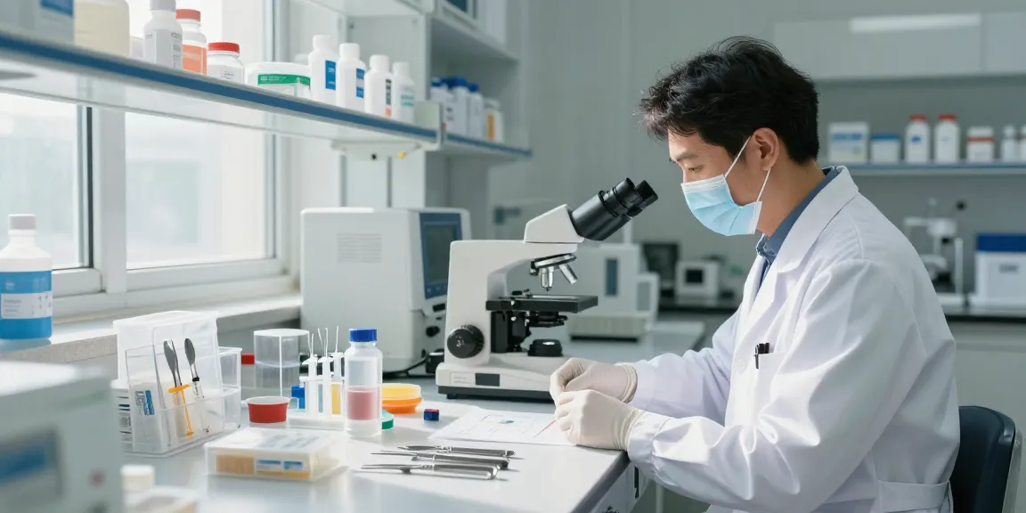 Medical Instruments arranged meticulously on a lab countertop with a healthcare professional examining them in a sterile environment.