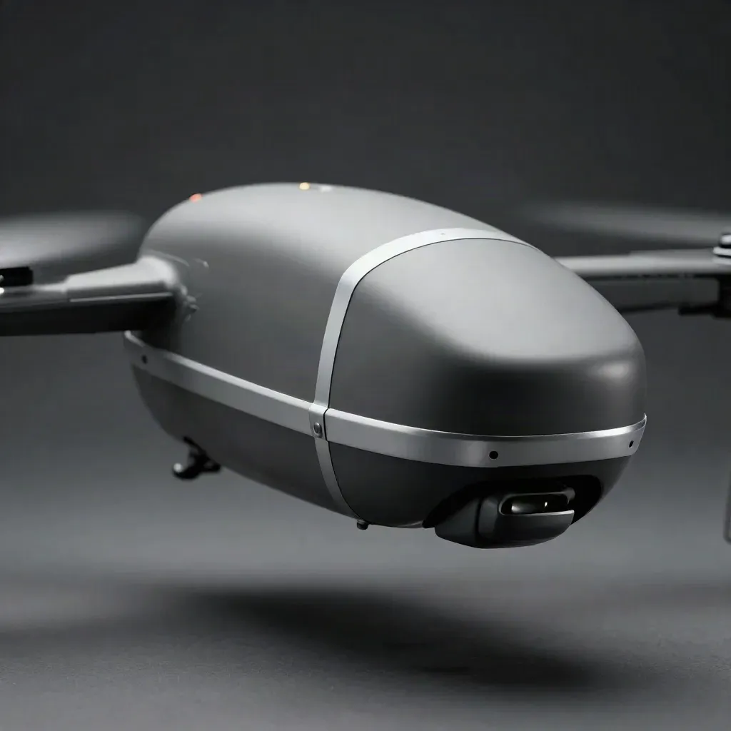 Silver urgent-parcel drone capsule hovers in dark studio haze with cool rim light.