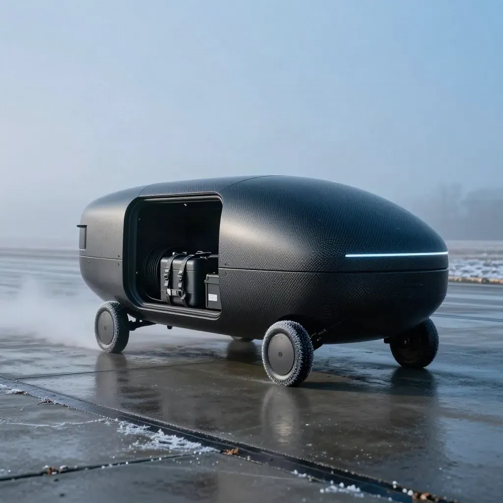 Drone cargo pod landing in frost mist at dawn on a wet apron