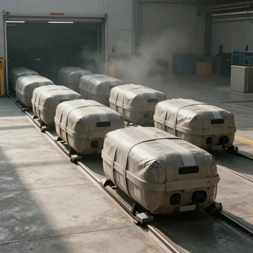 Freight pods rolling down a warehouse lane toward an open apron in cool haze