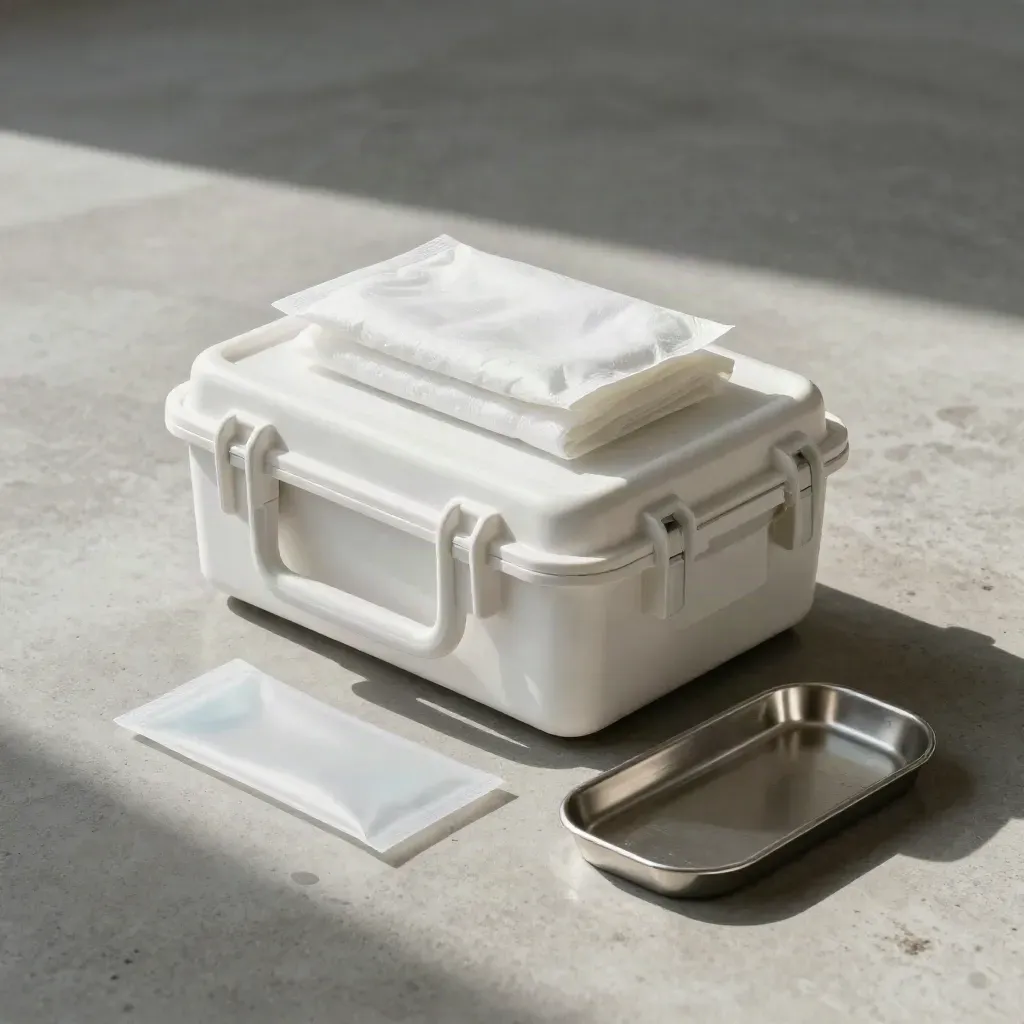 Overhead flatlay of a chilled medical flight box with gel pack and cooling sleeve on stone.