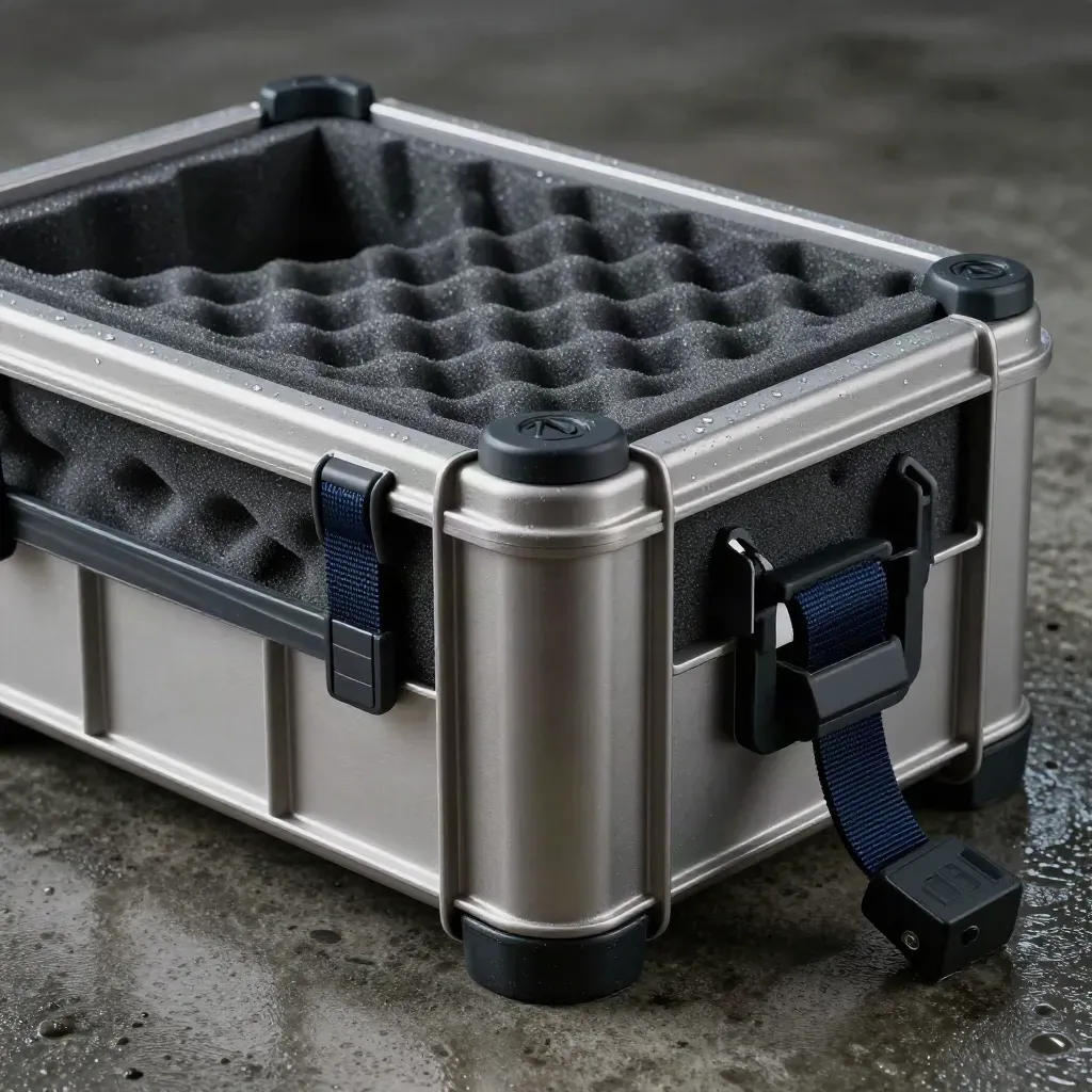 Wet modular transfer crate with foam trays and tether beside a dock bumper.