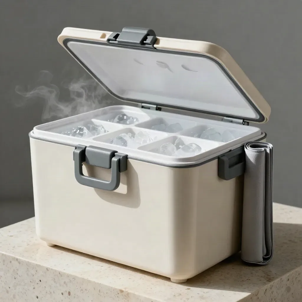 Cold-chain medicine box open with ice cells and vapor on pale travertine.