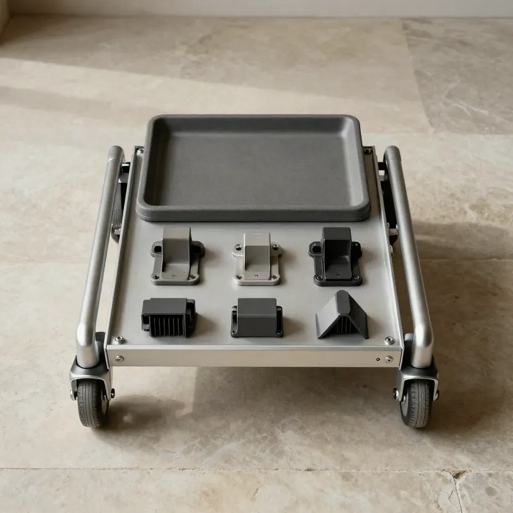 Top-down flat lay of a last-mile delivery cart module with accessories on pale stone.