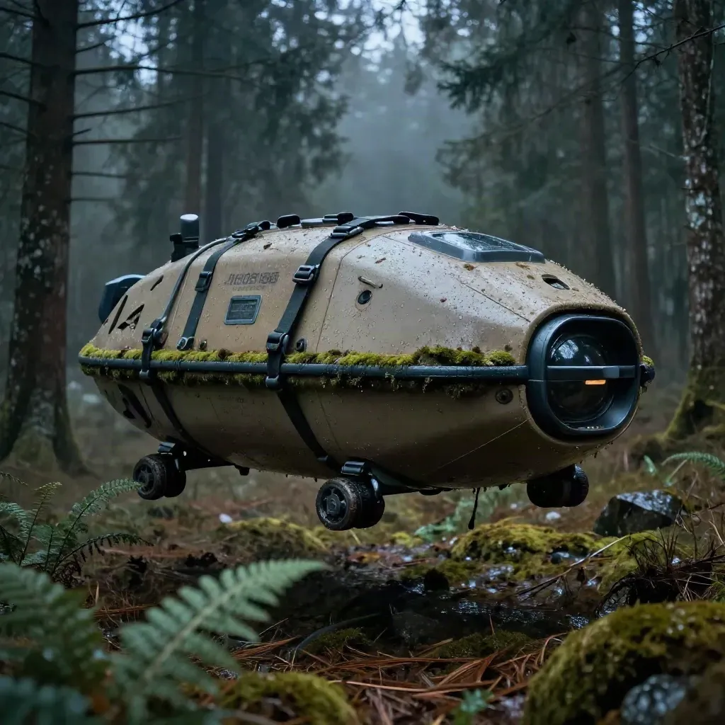 Forest-site drone cargo pod hovering over a mossy clearing in mist.