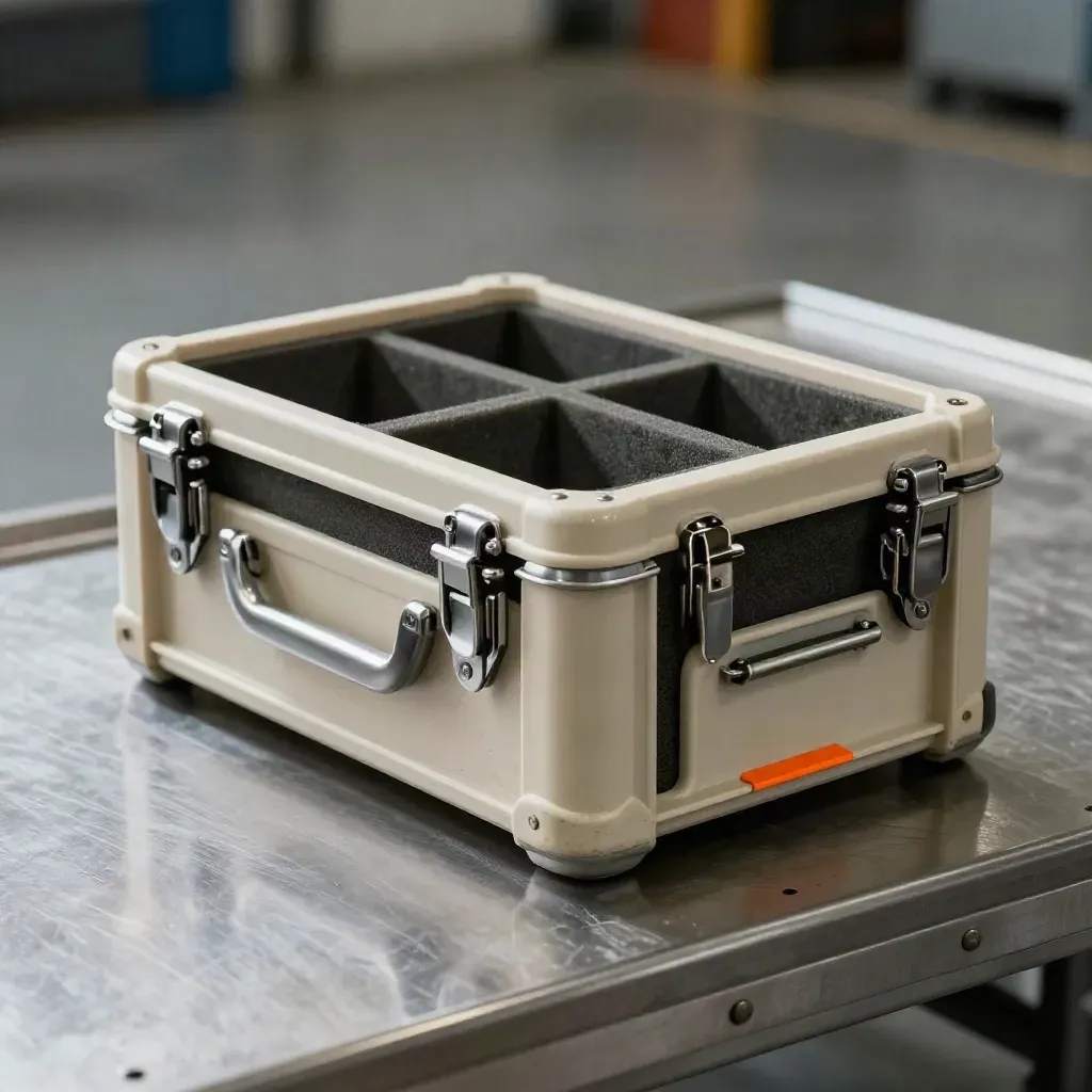 Bulk-parts shuttle crate with latches, foam dividers, and spare rails on brushed steel.