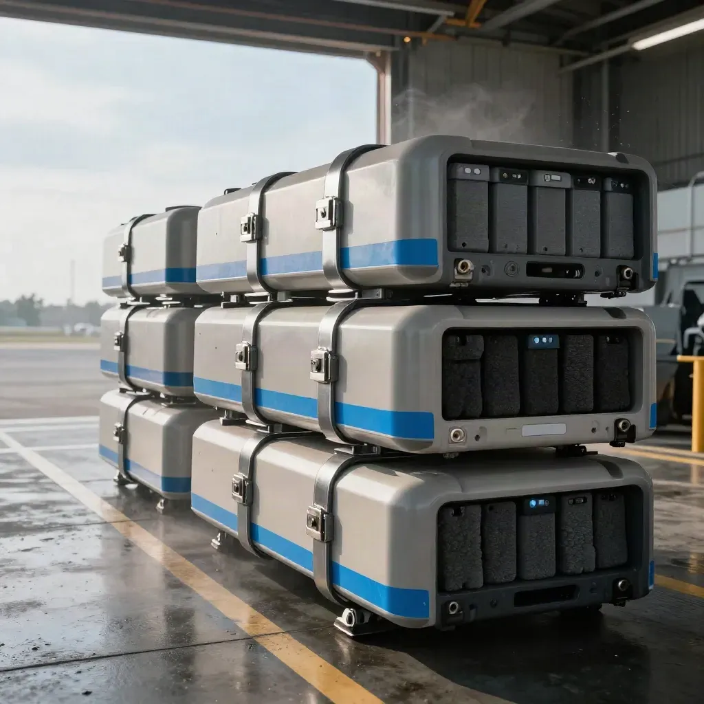 Stacked drone cargo pods and battery blocks rushing through a bright apron corridor.