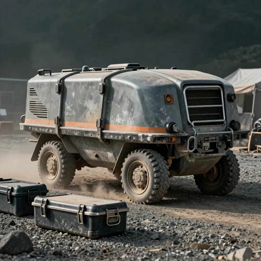 Heavy mine-site cargo pod lands on gravel beside two tool cases in dusty light.