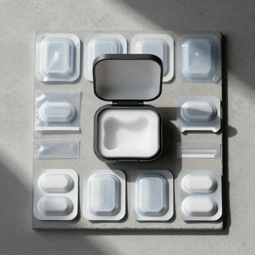 Overhead flat lay of a clinical sample carrier with gel packs and sleeves on concrete.