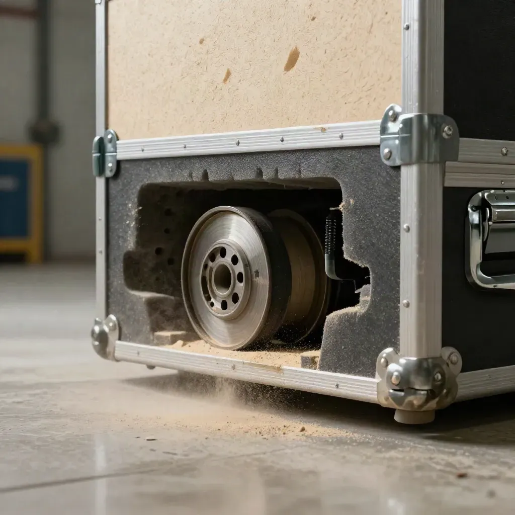 Extreme macro of a spare-parts cargo case sliding on a concrete floor beside a belt spool.