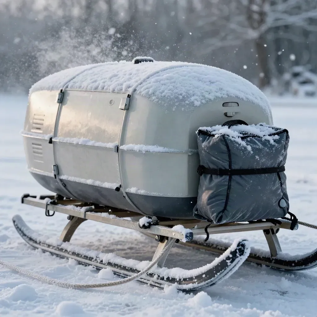 Macro of a frosted freight pod on a sled with rope coil and ice chips