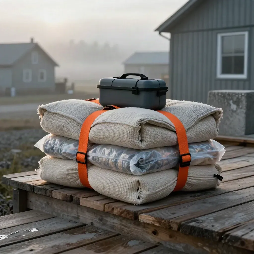 Remote-town supply bundle with food packs, woven wrap and utility case on a misty wooden platform.