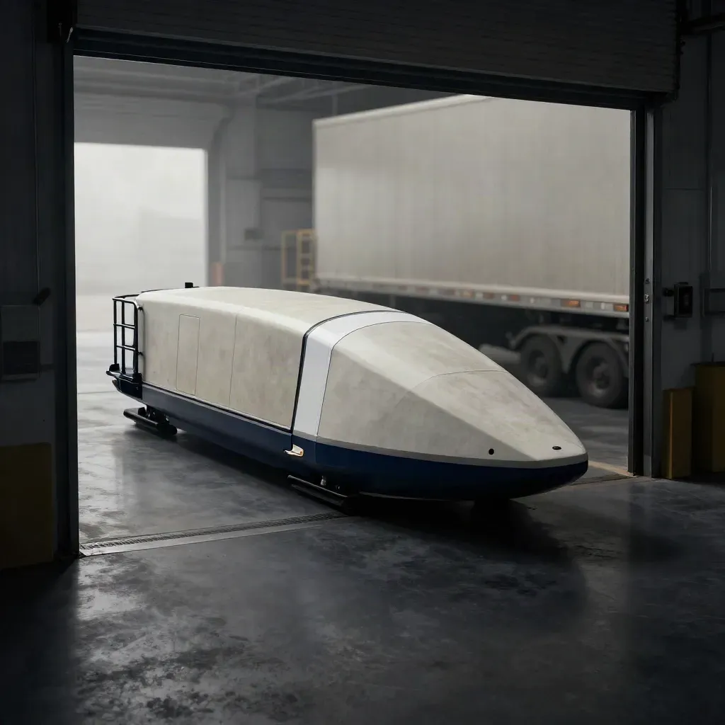 Warehouse transfer pod gliding between dock faces with spacer blocks, lit in a dark industrial studio.