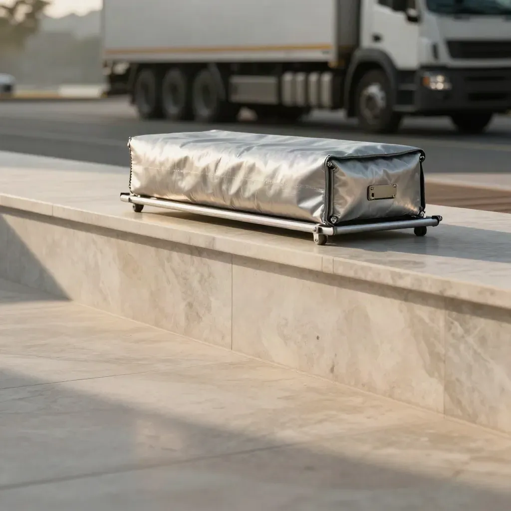 Brushed marble loading ledge with silver cargo pod and dock hardware in dawn light