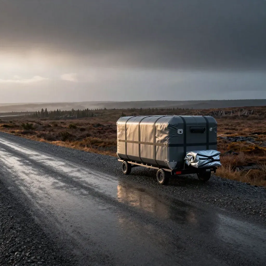 Remote gravel pull-off with a cargo pod, wet misty treeline, and distant service road.
