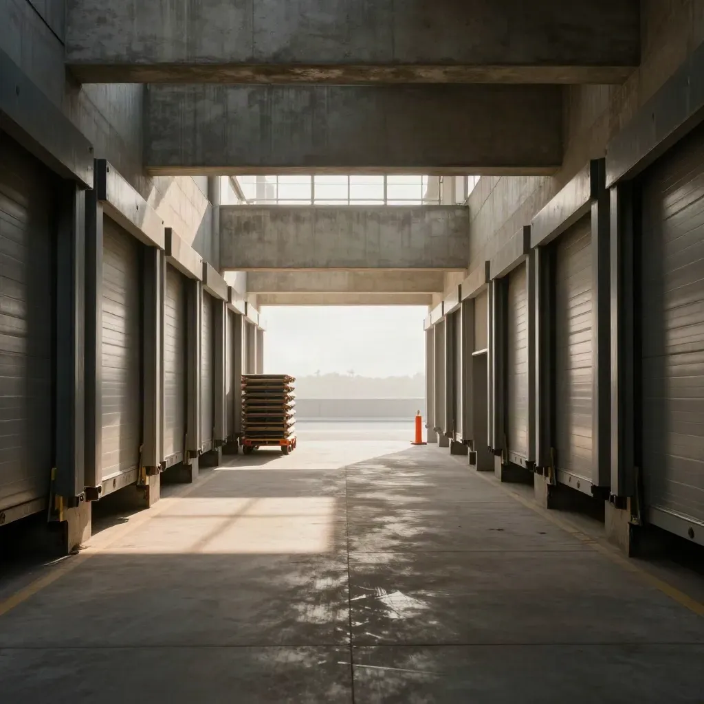 Sunlit industrial freight corridor with concrete walls and a bright bay opening