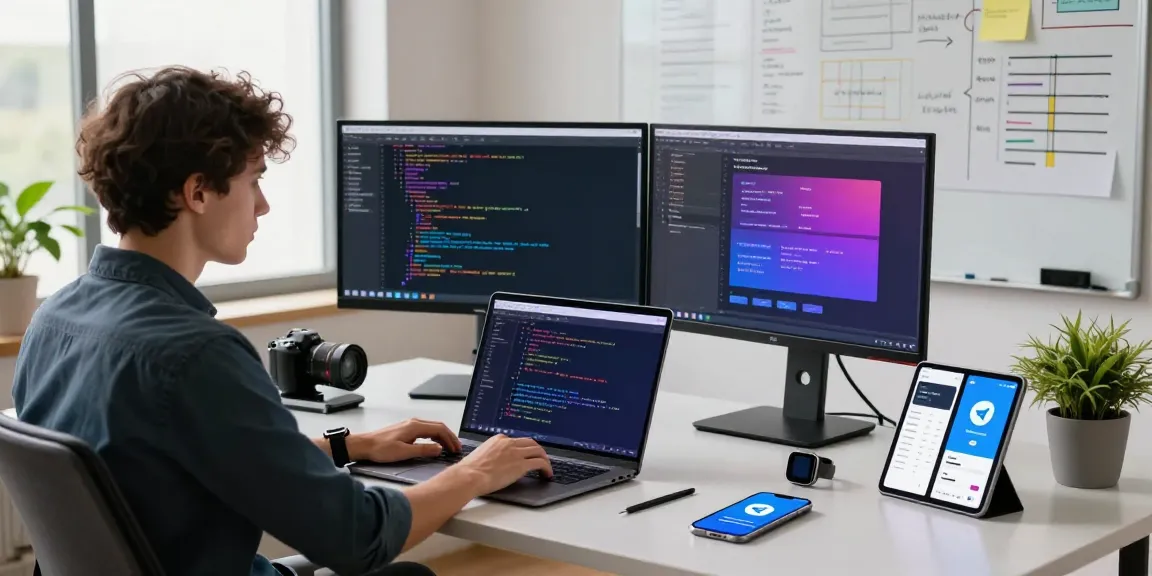 Developer using Telegram Web Version in a modern workspace with dual monitors and coding tools.