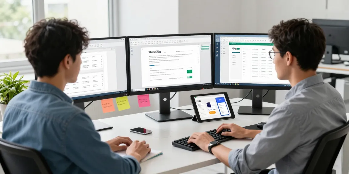 Dynamic workspace showcasing WPS Official Website features with user engaged at dual monitors.