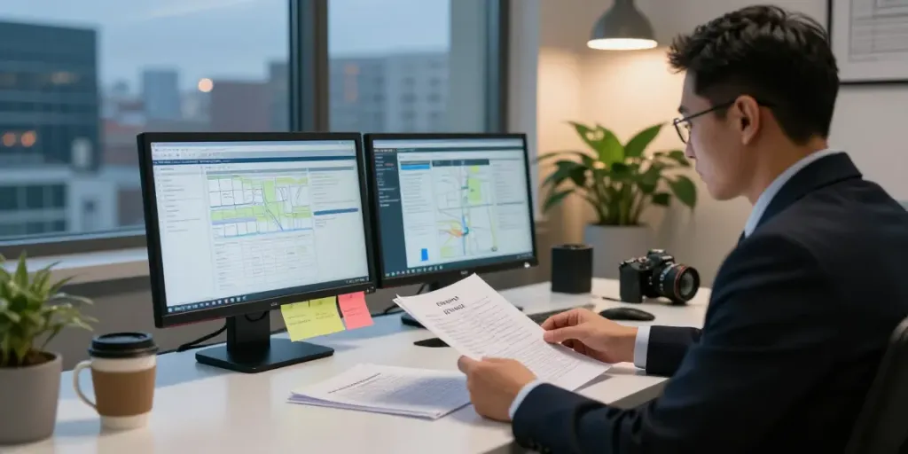 Detailed investigation office scene showcasing private investigator reviewing case files and digital reports for goodtam.com.