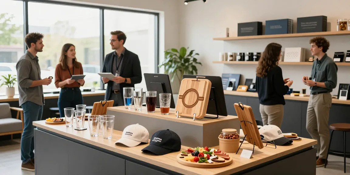 Corporate gifts displayed in a modern showroom with promotional products like drinkware and caps, showcasing options for businesses.