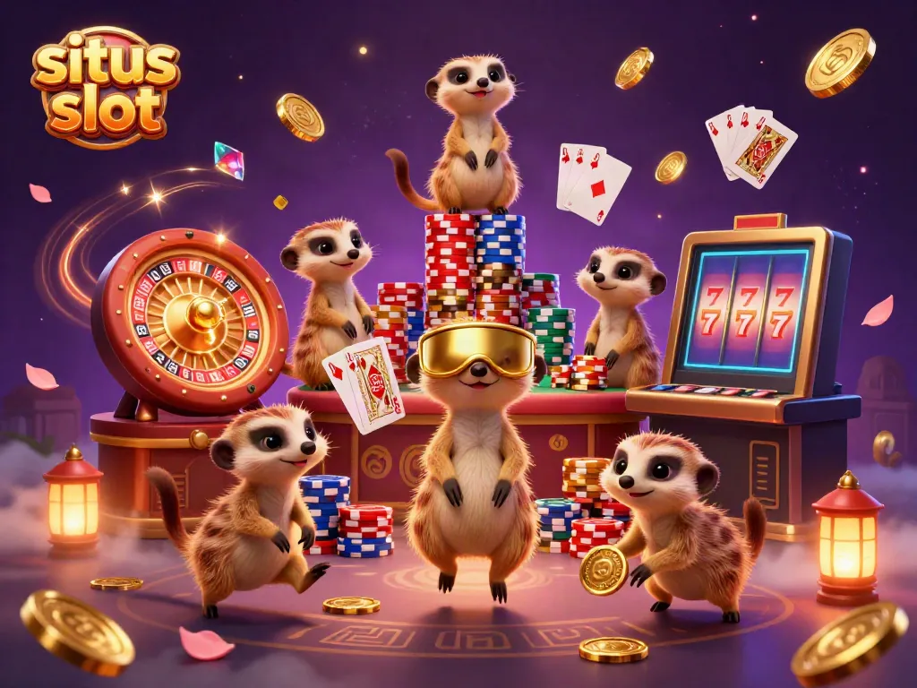 Engaging scene depicting a bustling 3D cartoon casino operation with meerkats, showcasing situs slot excitement