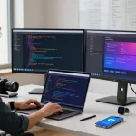 Developer using Telegram Web Version in a modern workspace with dual monitors and coding tools.