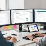 Dynamic workspace showcasing WPS Official Website features with user engaged at dual monitors.