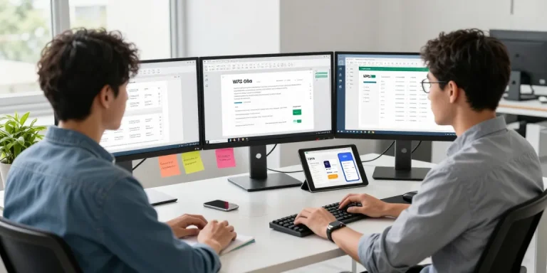 Dynamic workspace showcasing WPS Official Website features with user engaged at dual monitors.