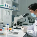Medical Instruments arranged meticulously on a lab countertop with a healthcare professional examining them in a sterile environment.