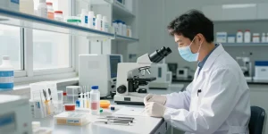 Medical Instruments arranged meticulously on a lab countertop with a healthcare professional examining them in a sterile environment.